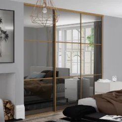 Linear Sliding Wardrobe Door 3 Panel Mirror With Oak Frame (W)610mm -Furniture Haven Shop 12811776 5864843064311518