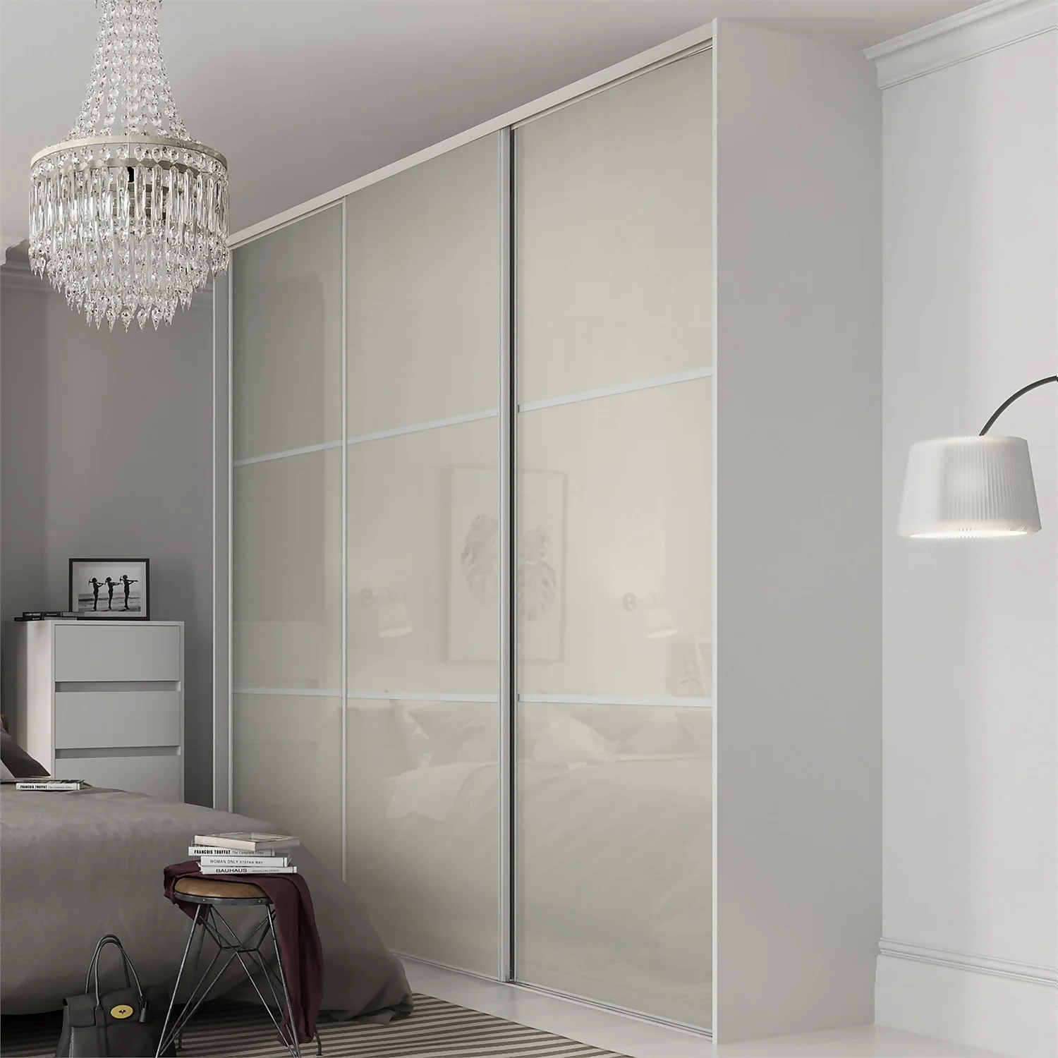 Linear Sliding Wardrobe Door 3 Panel Arctic White Glass With Silver Frame (W)762mm 4 Linear Sliding Wardrobe Door 3 Panel Arctic White Glass With Silver Frame (W)762mm - Image 2