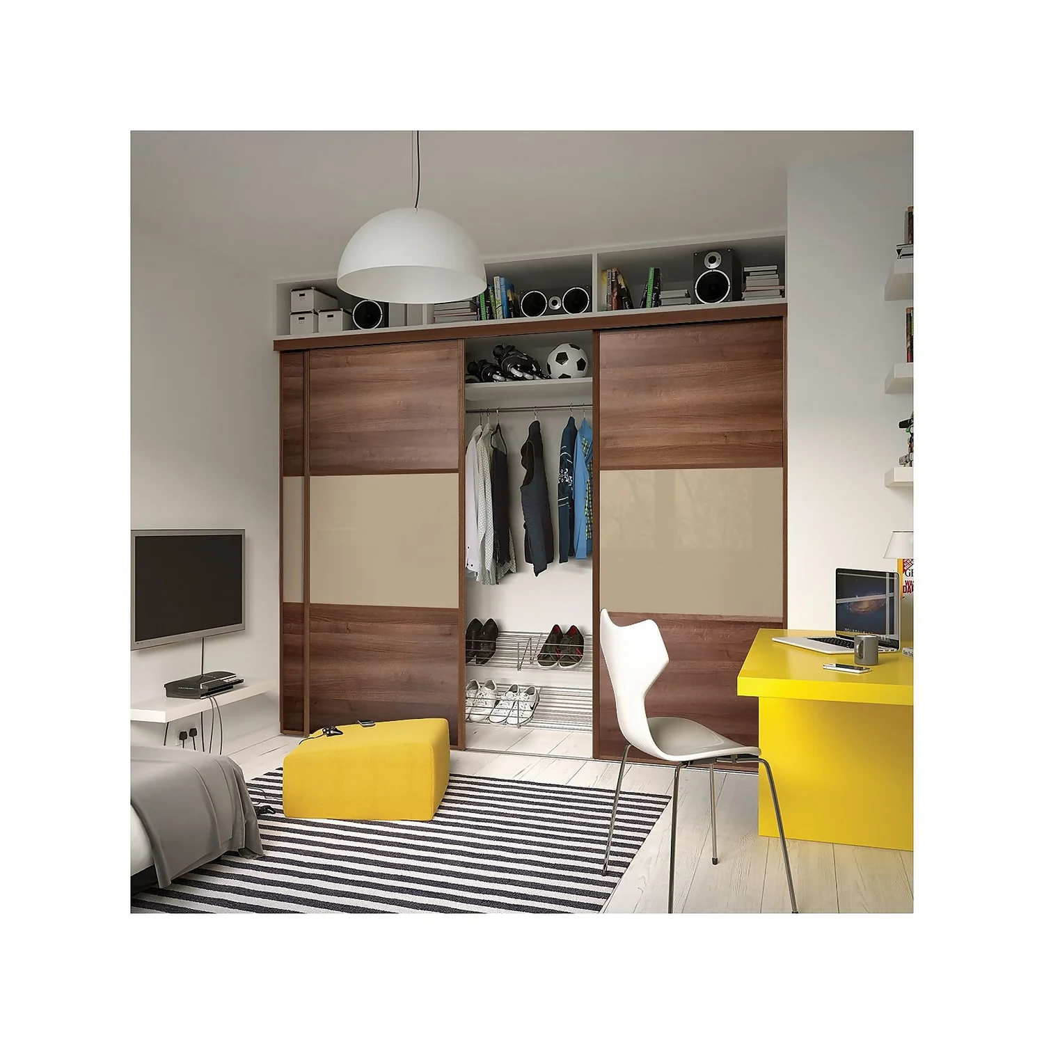 Linear Sliding Wardrobe Door 3 Panel Walnut / Cream Glass With Walnut Frame (W)762mm 4 Linear Sliding Wardrobe Door 3 Panel Walnut / Cream Glass With Walnut Frame (W)762mm - Image 2