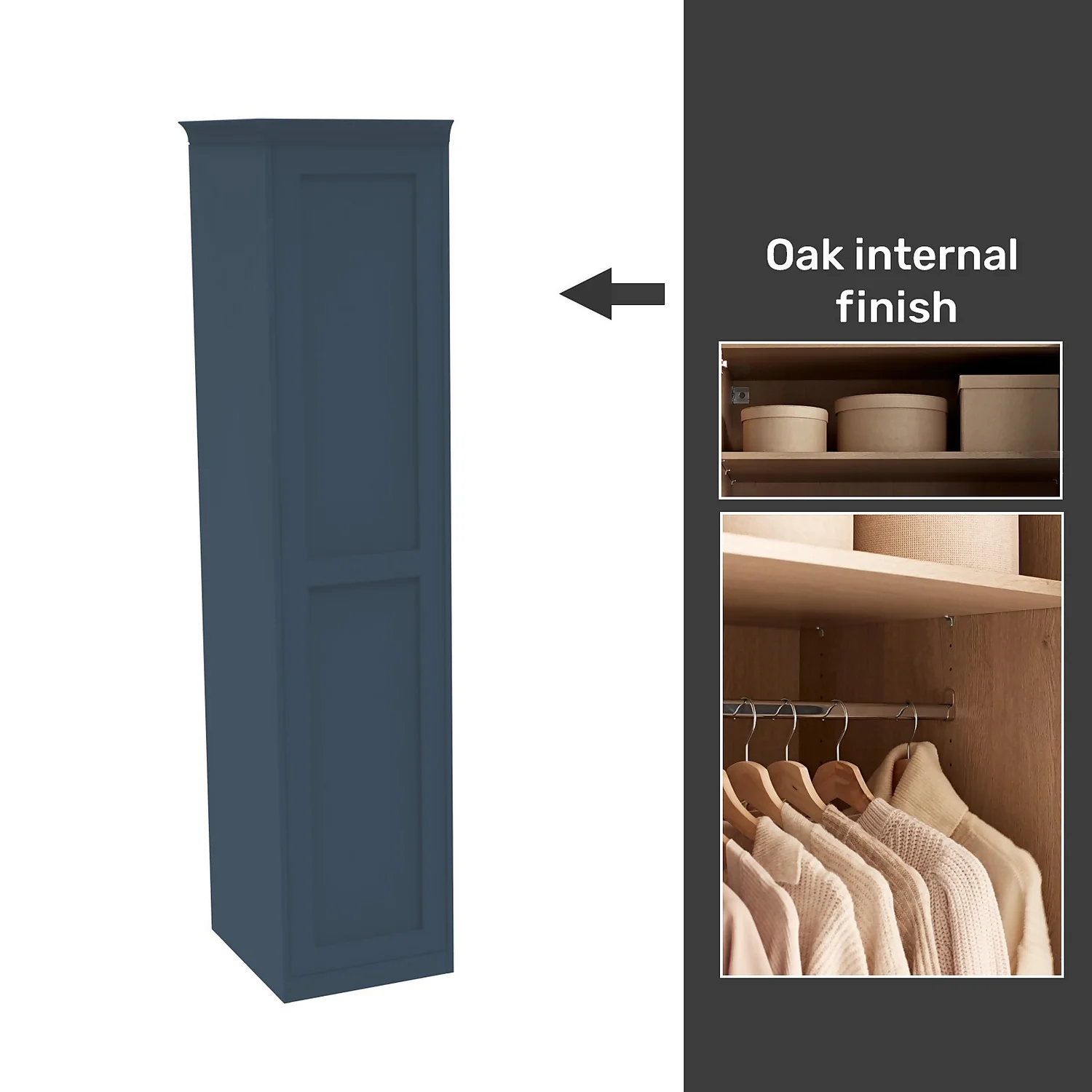 House Beautiful Realm Fitted Look Single Wardrobe, Oak Effect Carcass - Navy Blue Shaker Door (W) 551mm X (H) 2256mm 3 House Beautiful Realm Fitted Look Single Wardrobe, Oak Effect Carcass - Navy Blue Shaker Door (W) 551mm X (H) 2256mm