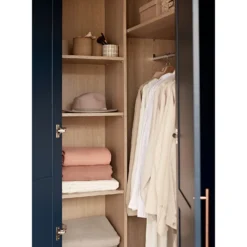 House Beautiful Realm Fitted Look Corner Wardrobe, Oak Effect Carcass - Navy Blue Shaker Doors (W) 1103mm X (H) 2256mm -Furniture Haven Shop 13999801 1385036420733423