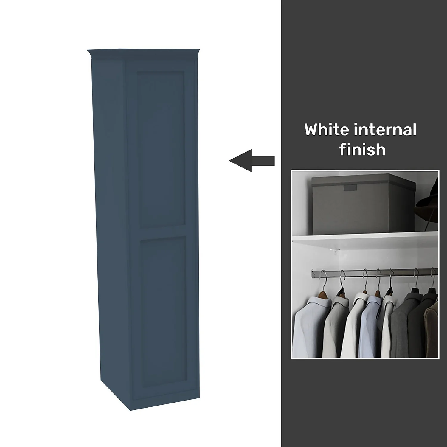 House Beautiful Realm Fitted Look Single Wardrobe, White Carcass - Navy Blue Shaker Door (W) 551mm X (H) 2256mm 3 House Beautiful Realm Fitted Look Single Wardrobe, White Carcass - Navy Blue Shaker Door (W) 551mm X (H) 2256mm