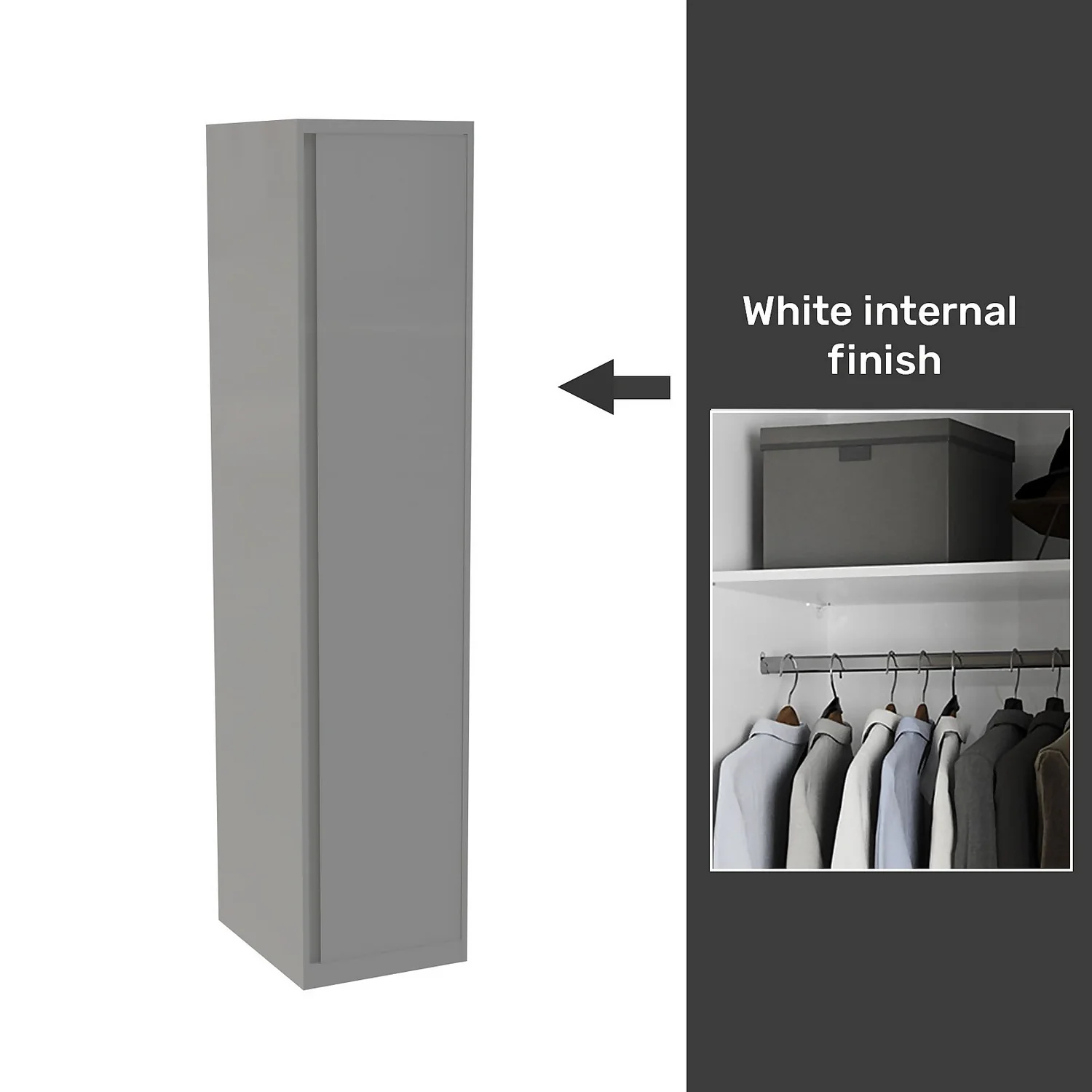 House Beautiful Escape Fitted Look Single Wardrobe, White Carcass - Gloss Grey Handleless Door (W) 490mm X (H) 2226mm 3 House Beautiful Escape Fitted Look Single Wardrobe, White Carcass - Gloss Grey Handleless Door (W) 490mm X (H) 2226mm