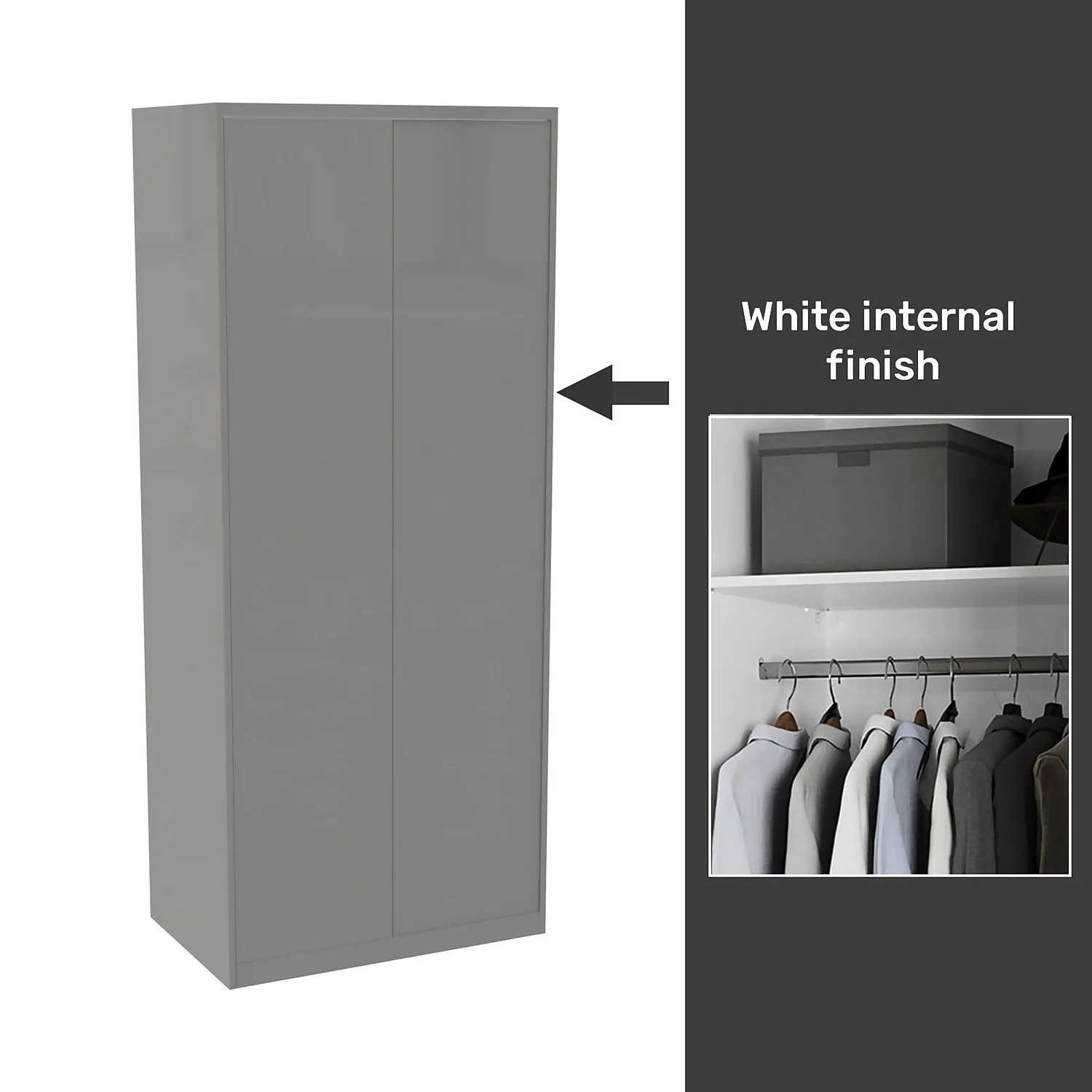 House Beautiful Honest Fitted Look Double Wardrobe, White Carcass - Gloss Grey Slab Doors (W) 940mm X (H) 2226mm 3 House Beautiful Honest Fitted Look Double Wardrobe, White Carcass - Gloss Grey Slab Doors (W) 940mm X (H) 2226mm