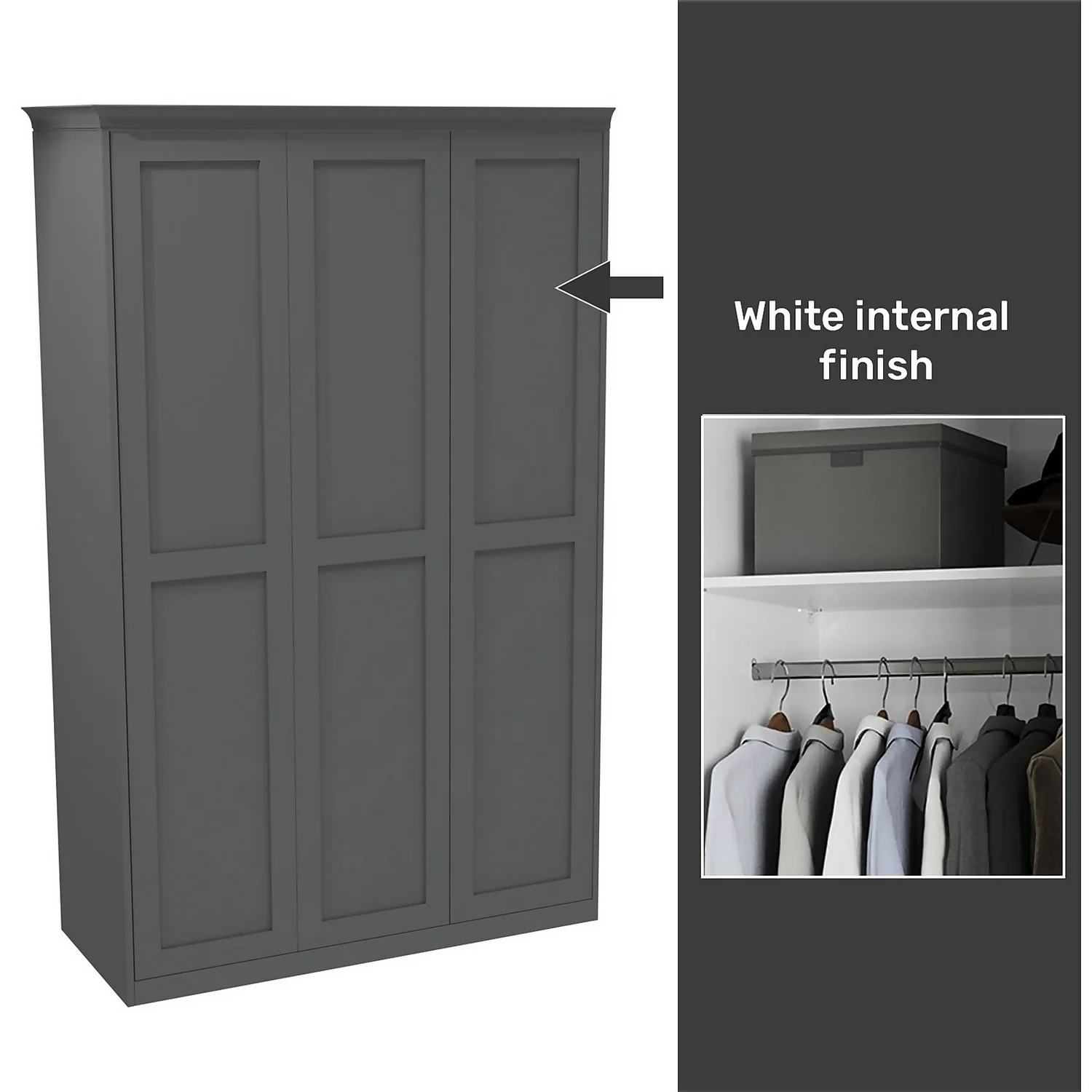 House Beautiful Realm Fitted Look Triple Wardrobe, White Carcass - Carbon Grey Shaker Doors (W) 1451mm X (H) 2256mm 3 House Beautiful Realm Fitted Look Triple Wardrobe, White Carcass - Carbon Grey Shaker Doors (W) 1451mm X (H) 2256mm
